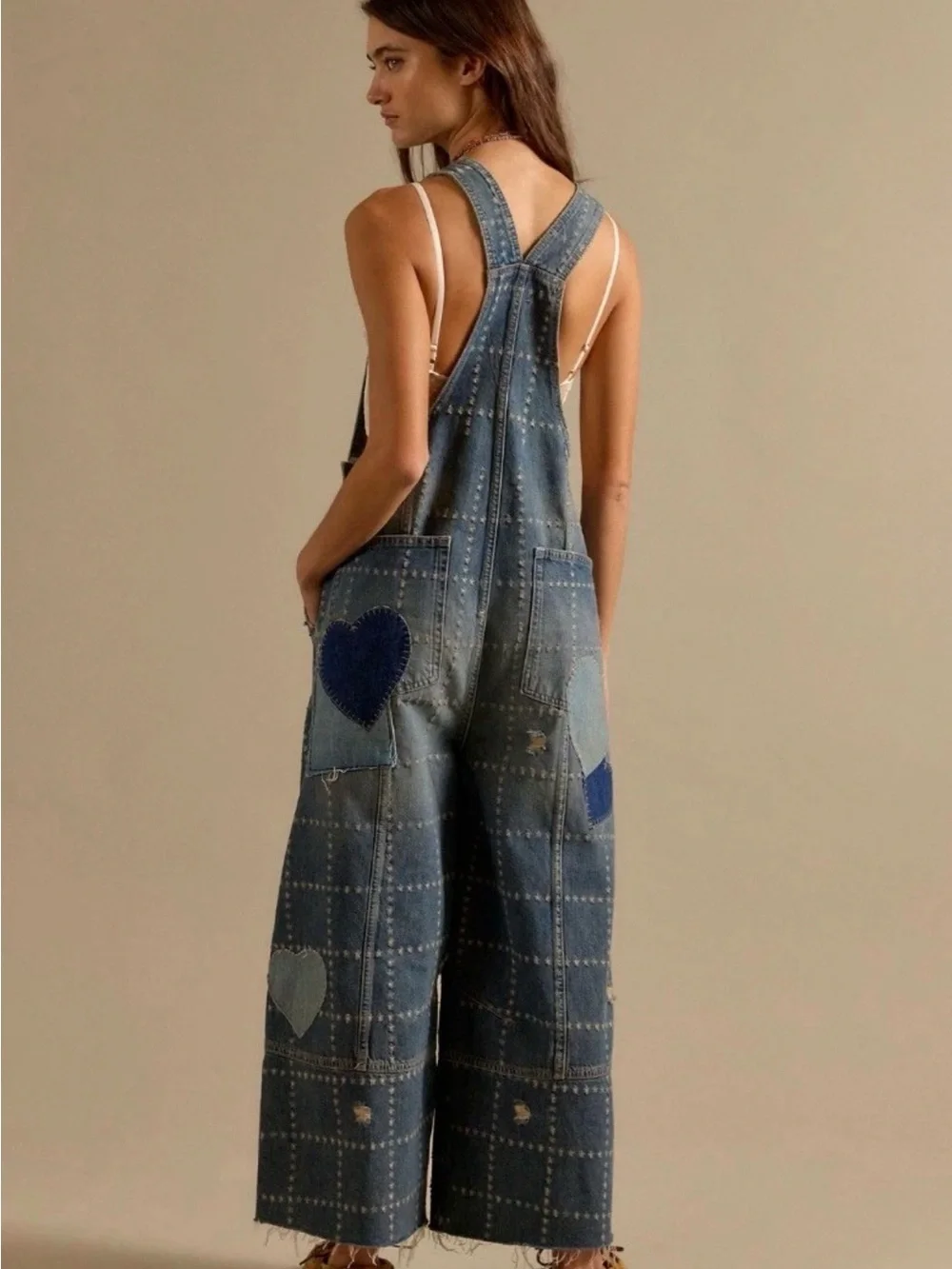 Free People We The Free Rambler Novelty Overalls Heart Appliques Denim - Picture 3 of 6